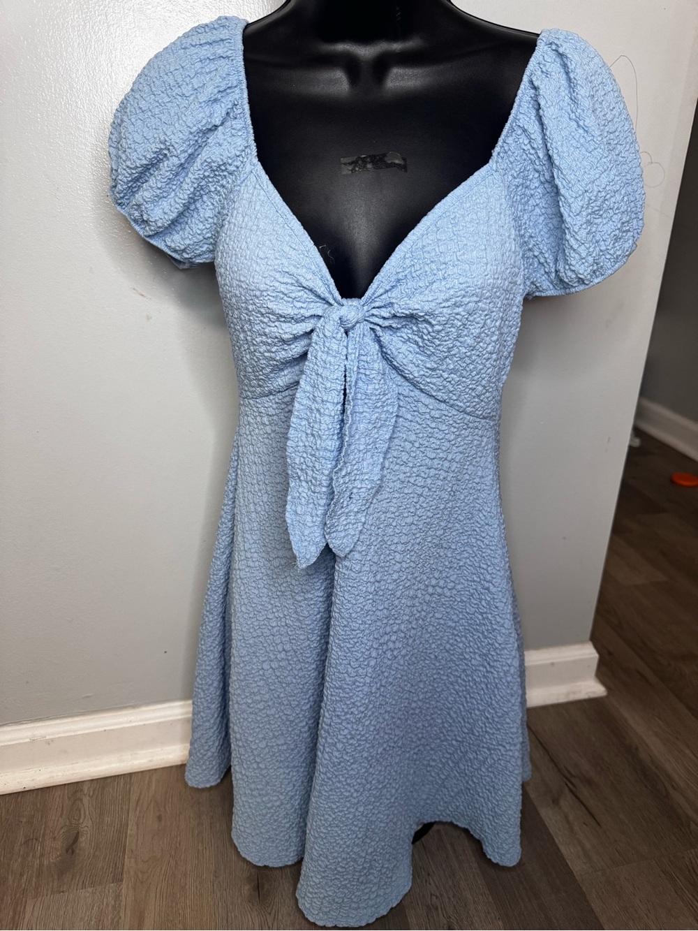 See You Monday Light Blue Tie-Front Puff Sleeve Midi Dress
